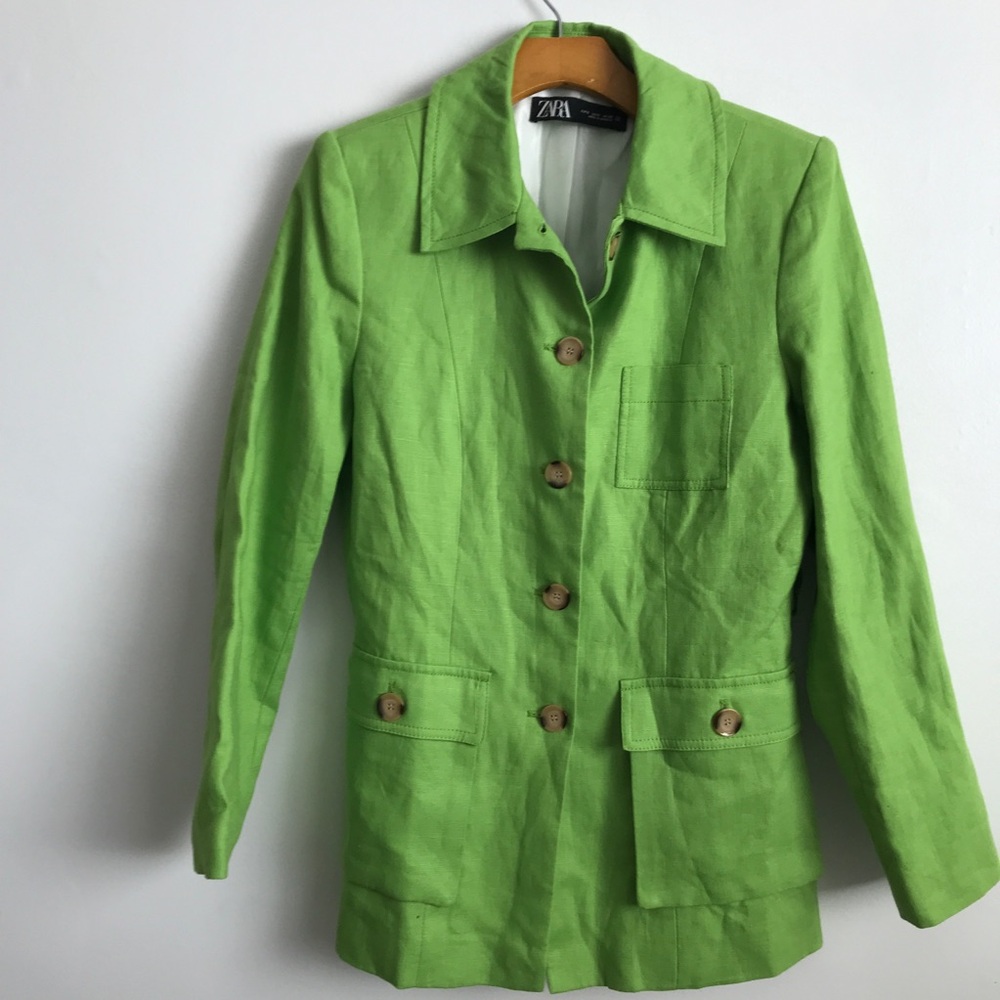 ZARA 100% LINEN SAFARI BLAZER JACKET LIME GREEN BUTTON WOMEMS SMALL - Picture 2 of 10
